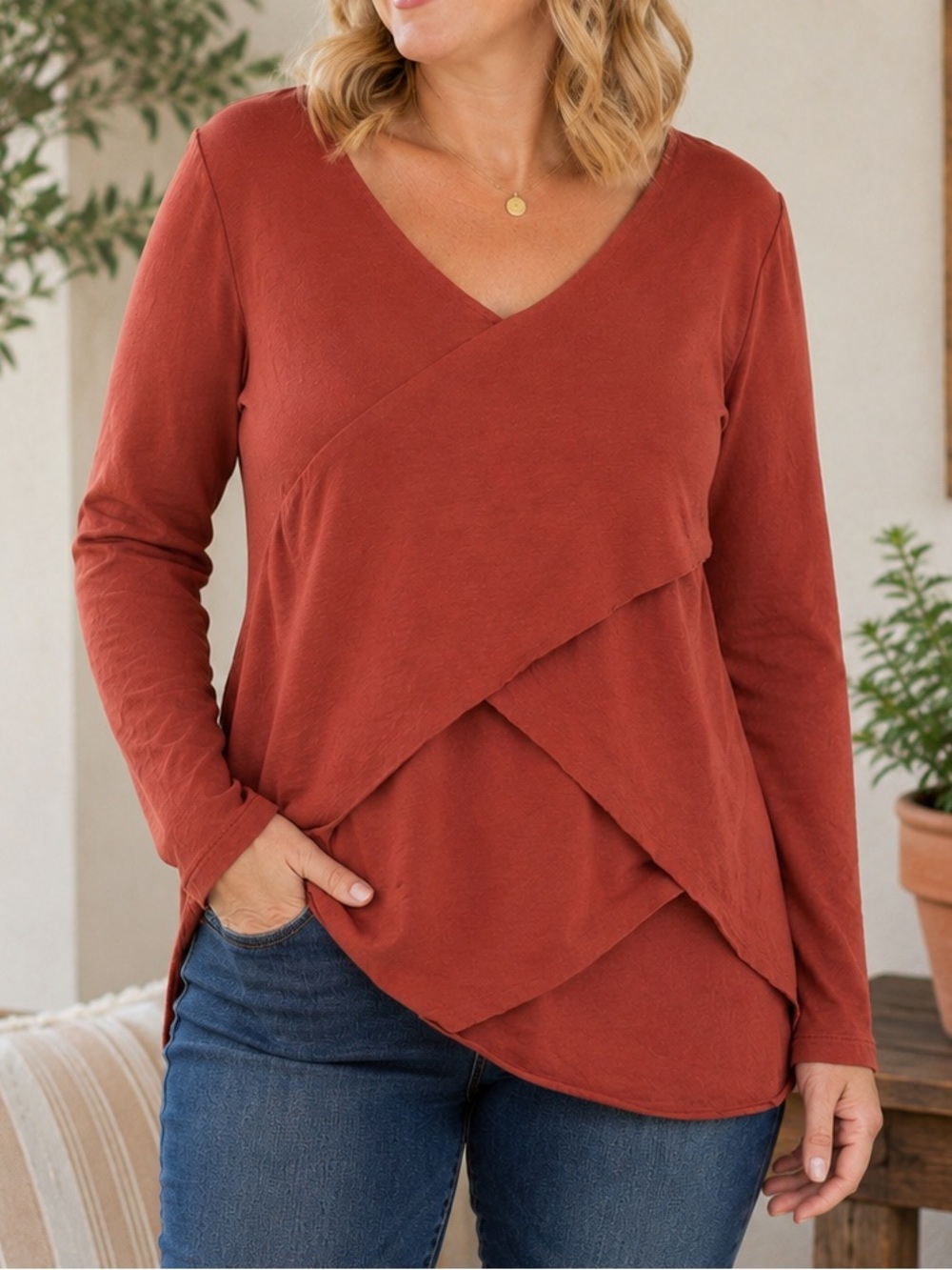 Neon Buddha XL Rust Orange Cotton Layered Wrap Front Top Asymmetrical